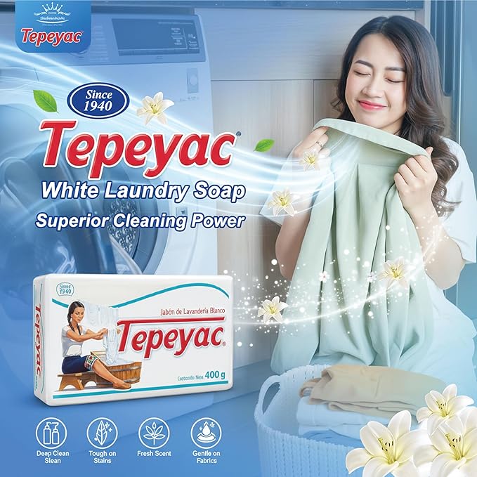 Tepeyac Biodegradable White Laundry Bar and Tough Stain Remover, For all Fabric Types - Fresh Scent 400 g (Pack of 4)
