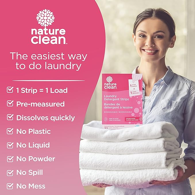 Nature Clean Plastic-Free Packaging Laundry strips, Eco-Friendly Laundry Detergent Sheets Wildflower, 32 count 2-pack