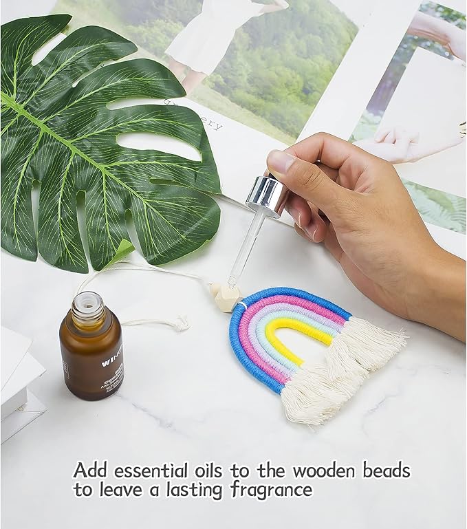8 Pcs Boho Rainbow Car Charm Macrame, Cute Bohemian Handmade Woven Wooden Beads, Diffuser, Colorful Accessories Hanging Air Fresheners Decor