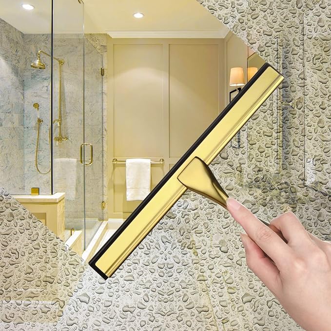HIWARE All-Purpose Shower Squeegee for Shower Doors, Bathroom, Window and Car Glass - Brass, Stainless Steel, 12 Inches