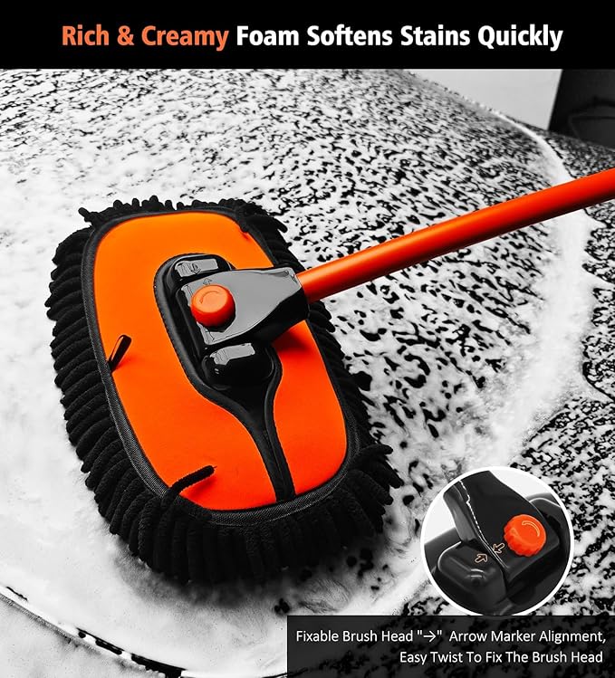 YeewayVeh 55" Car Wash Brush Mop with Long Handle, 15 Degree Curved Extendable Car Wash Brush with Extra Microfiber Mop Head, Soft Car Washing Brushes with Storage Bag for Truck SUV Cleaning, Orange