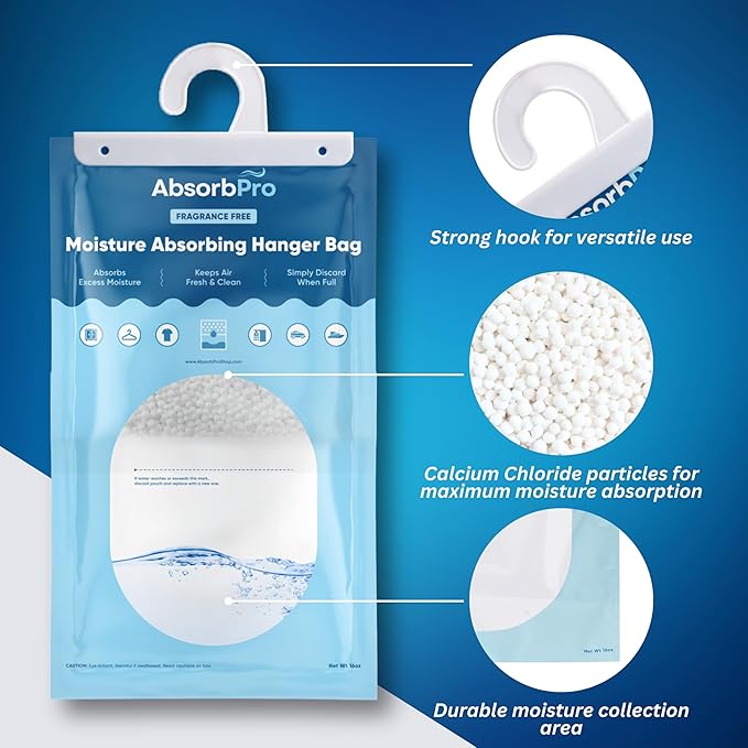 Moisture Absorbing Hanger Bag Fragrance Free - 3-Pack - 16 oz Hanging Dehumidifying Packs for Home, Kitchen, Bedroom, Bathroom, Closet, Small Rooms, Cars