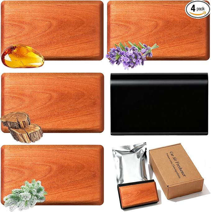 Car Air Freshener Starter Kit - Wood Car Freshener for Visor Clip - Long Lasting Scent - Car Odor Eliminator - CLIP INCLUDED (Amber-Teak-Lavender-Frosted Spruce)