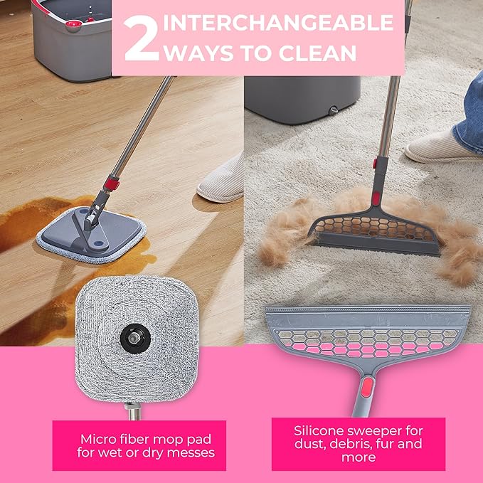 True & Tidy Spin Mop and Bucket System Deluxe with Silicone Sweeper Mop Head and 4 Machine Washable Microfiber Mop Pads