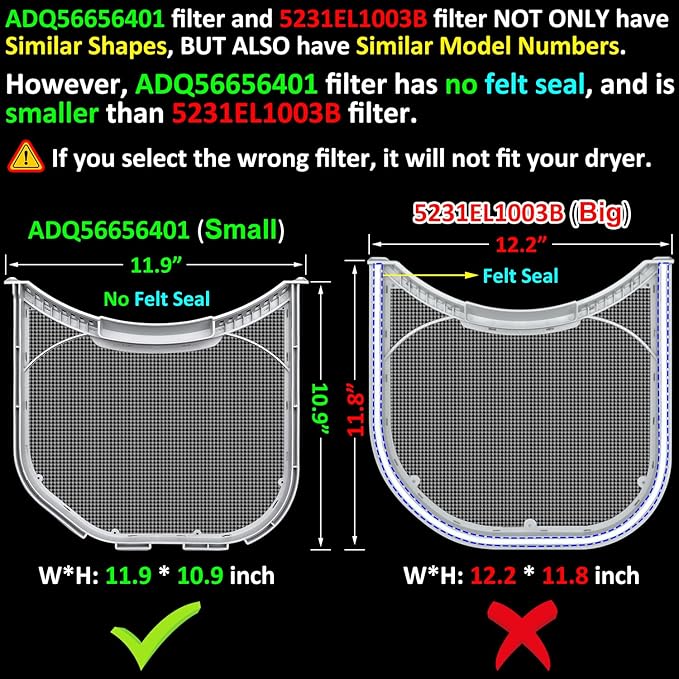 ADQ56656401 Lint Filter Replacement for LG & Kenmore Dryers, Ultra Durable Dryer Lint Screen Trap, New Version ADQ56656401 Filter (Bottom with Notches)