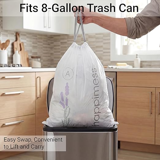 happimess 8 Gallon (30L) Drawstring Trash Bags, Lavender Scent, White, Heavy Duty MDPE Liners for Kitchen and Household, Odor Control, Custom Fit 100 Count (5 Packs of 20 Liners) HPM3101A-W-5SET