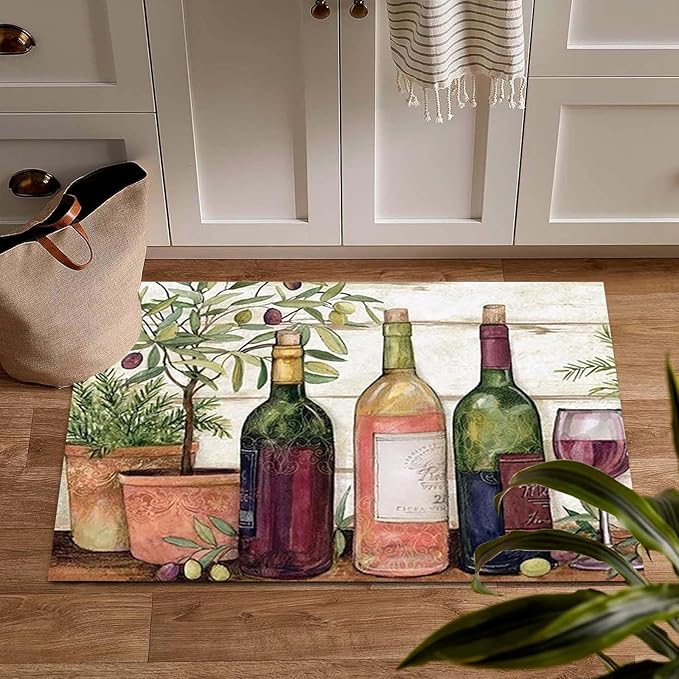 Waterproof Cushioned Kitchen Rugs PVC Leather, Non-Slip, Comfort Floor Mat for Kitchen Laundry Decor 3x5ft/36x60in (Wine Theme)