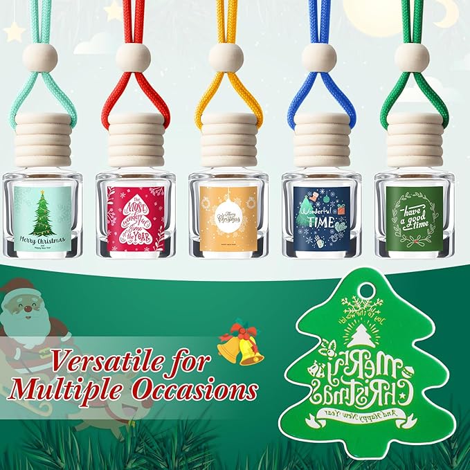 Boao 15 Pcs Christmas Employee Appreciation Gifts Hanging Car Air Freshener Diffuser Bottles Bulk Empty Perfume Glass Bottle Pendant with Christmas Tree Cards & Stickers for Essential Oil Fragrance