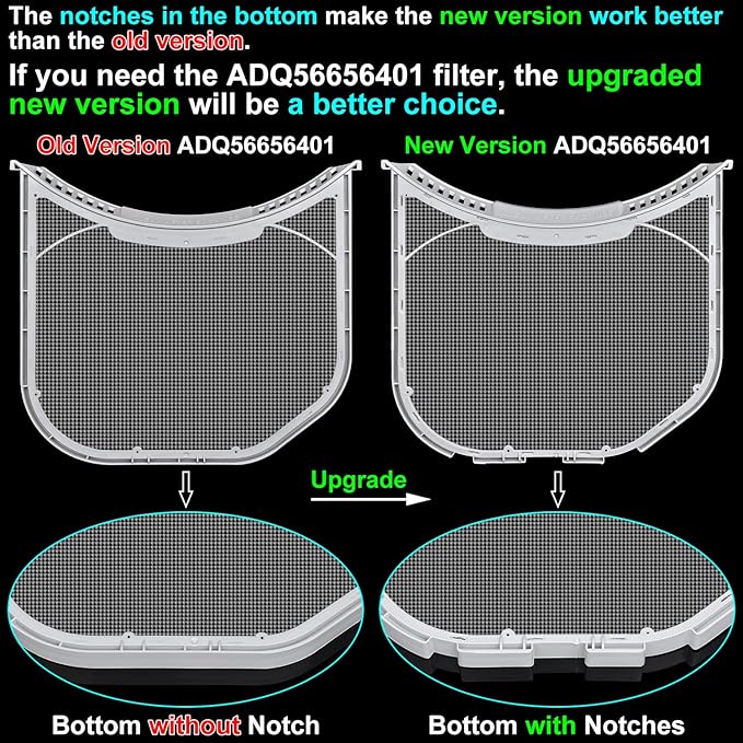 ADQ56656401 Lint Filter Replacement for LG & Kenmore Dryers, Ultra Durable Dryer Lint Screen Trap, New Version ADQ56656401 Filter (Bottom with Notches)