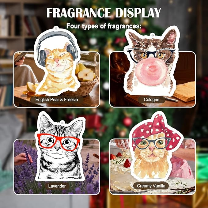 Funny Cat Car Air Freshener 4 Pcs, Cat Lover Mom Lady Gifts Hanging Air Freshener for Cars Closet Drawer Books, Cute Pet Kitten Car Accessories for Women Girls