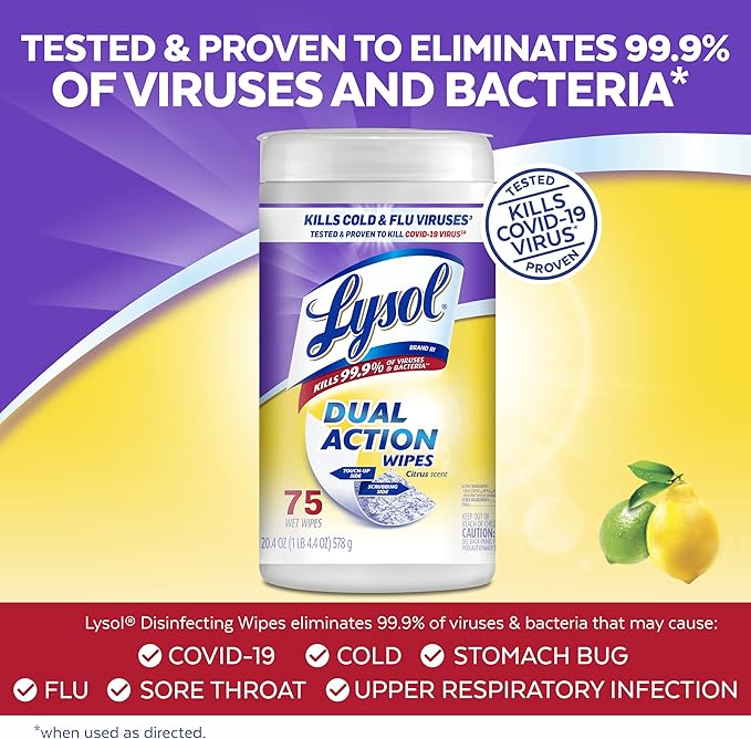 Lysol Dual Action Disinfectant Wipes, Multi-Surface Antibacterial Scrubbing Wipes, For Disinfecting and Cleaning, Citrus Scent, 75ct