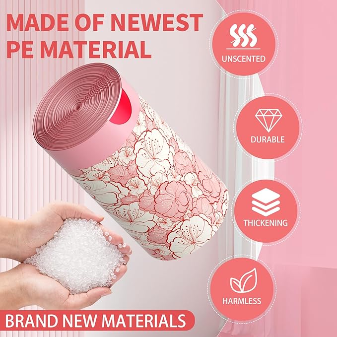 Trash bags, 4 Gallon Trash Bags Drawstring, Colorful & Portable Small Trash Bags with Plum Blossom Printed, Tear-Resistant Garbage Bags 4 Gallon for Bathroom Office Trash Cans, 80 Count