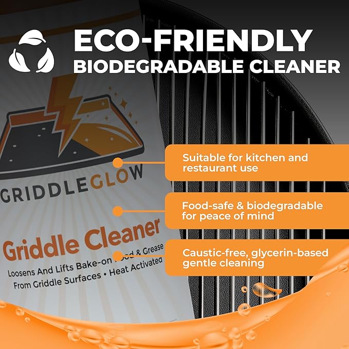 Griddle & Flat Top Grill Biodegradable Cleaner. Easy Pour Squeeze Bottle 32 oz. Fast Acting Formula, Food Safe, Glycerin-Based and Caustic Free. Heat Activated Removes Grease and Baked-on Food, Safe