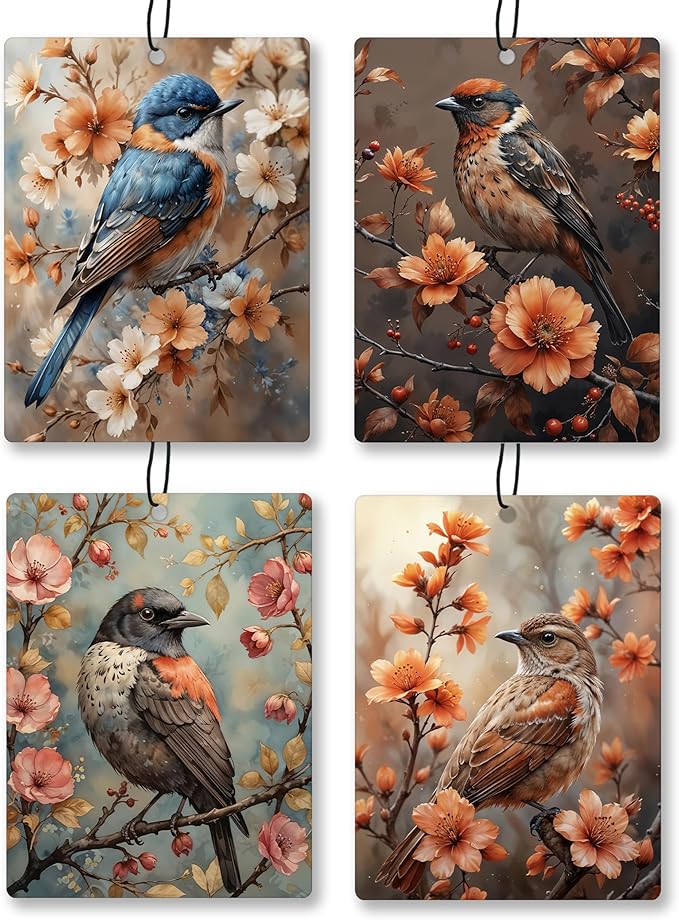 Vintage Floral Bird Car Air Freshener 4 Pcs, Cottagecore Nature Animal Hanging Scents Air Freshener for Women Girls Gifts, Birds Lover Gifts Scented Car Accessories Decor for Room Closet Drawer