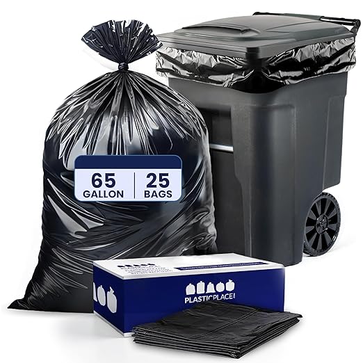 Plasticplace 65 Gallon Trash Bags │ 2.7 Mil │ Black Heavy Duty Garbage Can Liners │ 50” x 48” (25 Count) (W65LDB225A)