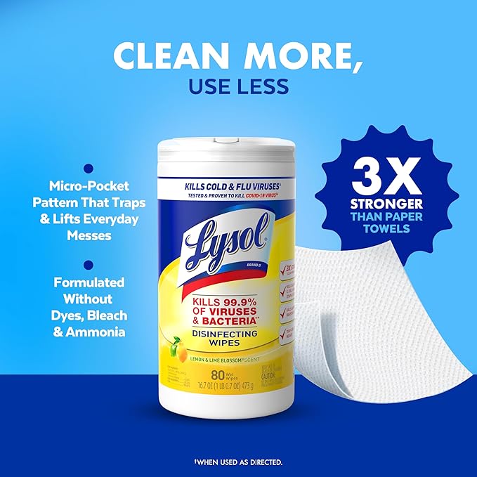Lysol Disinfectant Wipes, Multi-Surface Antibacterial Cleaning Wipes, For Disinfecting and Cleaning, Lemon and Lime Blossom, Pack of 4