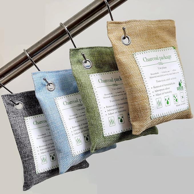 Bamboo Charcoal Bags Odor Absorber, 2 Packs 100g Charcoal Deodorizer Bags with Hooks, Nature Bamboo Charcoals Air Purifying Bags Activated Charcoals Odor Absorbers for Home Cars Pet Closet Bathroom