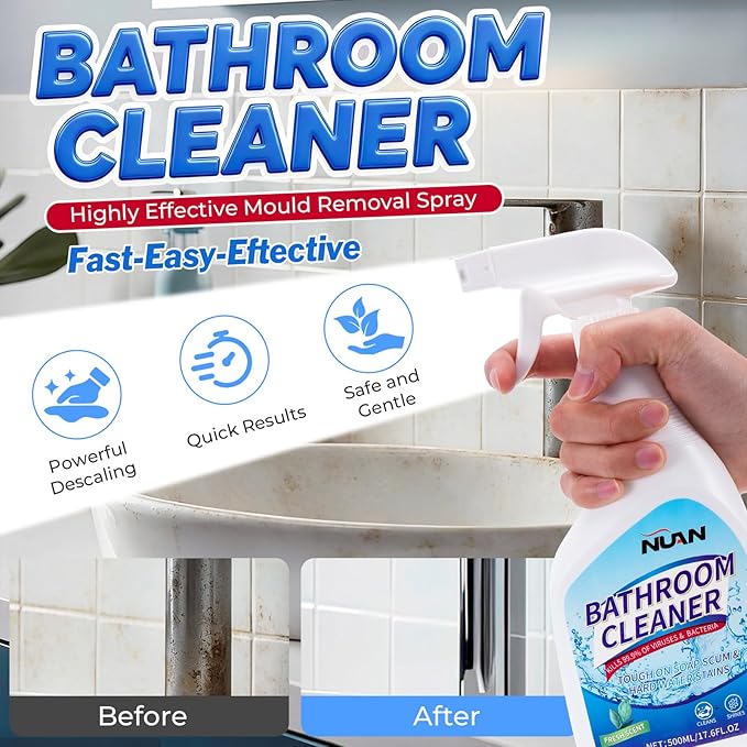 NUAN Bathroom Descaler Foam Cleaner for Hard Water Stains - Powerful Foaming Spray for Shower Toilet Sink Tile Cleaning, Limescale Buildup Remover All-Purpose Bathroom Cleaner (33.8 Fl Oz)