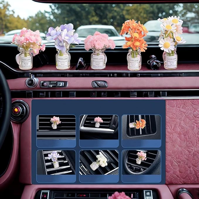 5 Packs Girl Girly Car Accessories for Women, Cute Car Decor Dashboard Decorations, Cute Flower Air Freshener Vent Clips, Auto Interior Dash Ornament Accessories