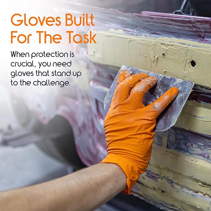 Inspire Heavy Duty Orange Nitrile Gloves | ULTRA 8 Mil Diamond Textured Grip | Industrial Mechanic Disposable Cleaning Gloves