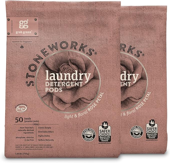 Grab Green Stoneworks Laundry Detergent Pods, 100 Count, Rose Petal Scent, Plant and Mineral Based, Cleans Deeply, Eliminates Odors, Fights Stains