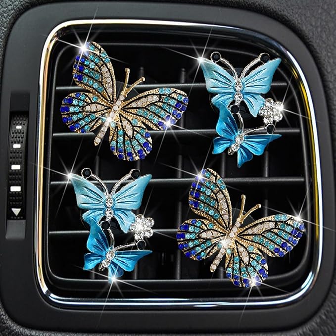 4 Pcs Blue Bling Butterfly Car Air Fresheners Vent Clips Diffuser Vent Clip Rhinestone Diamond Decoration Car Interior Decor Cute Accessories for Women, Automotive Air Fresheners（2 styles）