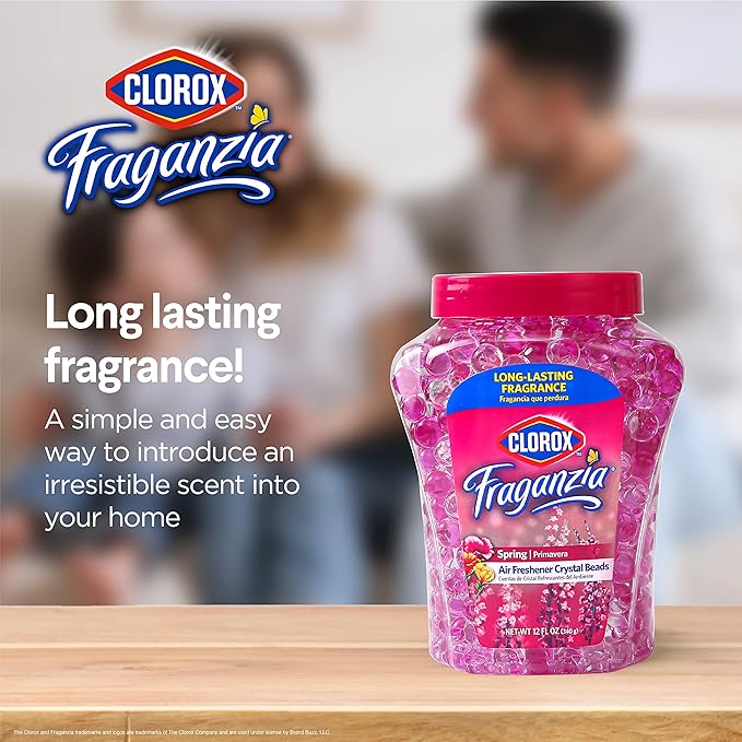 Clorox Fraganzia Crystal Beads Air Freshener Twin Pack, Long Lasting Room Deodorizer and Odor Eliminator Gel Beads for Home, Car, or Office, Spring Scent, 24 Fl Oz