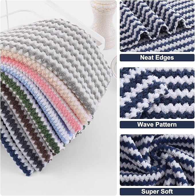 Homaxy 18 Pack Kitchen Dish Cloths, Ultra Soft and Absorbent Dish Towels, Reusable Fast Drying Microfiber Cleaning Cloth, Coral Velvet Wave Design No-lint, 10 x 10 inches, Navy Blue