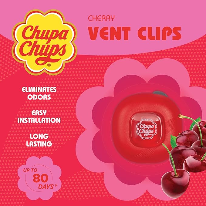 Chupa Chups Car Air Freshener, Candy Cherry - Long Lasting Car Fresheners with Fun Scents, Colorful and Vibrant Air Freshener for Car, Unique Car Freshner Perfume Deodorizer- 2Pack (4pcs Total)