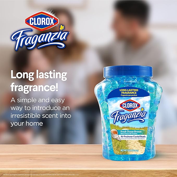 Clorox Fraganzia Crystal Beads Air Freshener, Long Lasting Room Deodorizer and Odor Eliminator Gel Beads to Freshen Home, Car, or Office, Fresh Ocean Breeze Scent, 12 Fl Oz