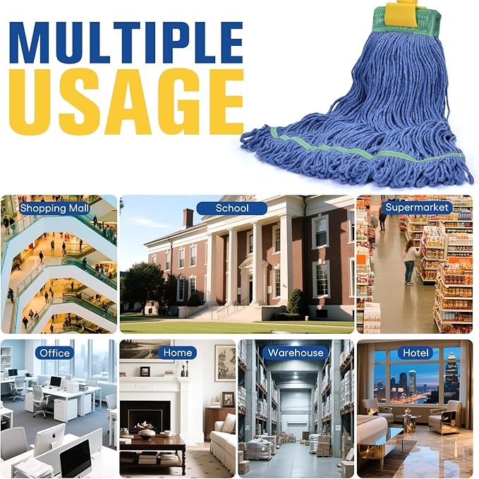 Matthew Cleaning Commercial Mop Head Replacement, 5 Inch Wide Headband, Looped End Cotton Blend String Wet Mops for Floor Cleaning, 28 oz Extra Large, Case Pack 12 Pcs Blue