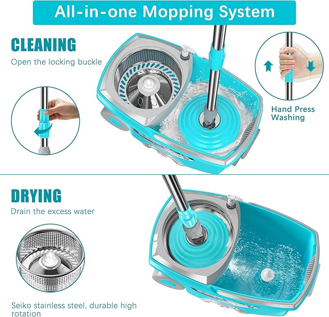 Mop Bucket and FunClean Blue Spin Mop with 12 Pcs Mop Heads
