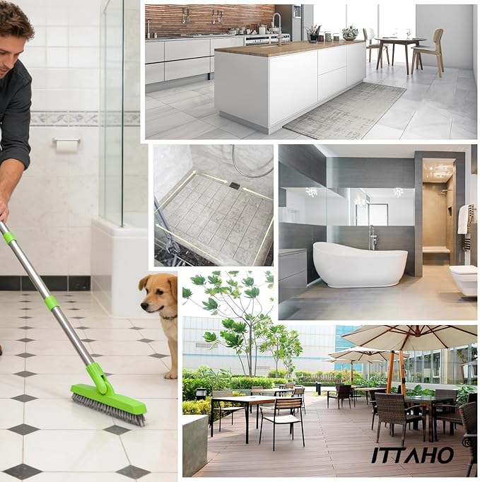 ITTAHO 2 Pack Grout Brush with Long Handle, Swivel Cleaning Grout Line Scrubber - Durable Handle Grout Cleaner Brush for Bathroom,Tile,Baseboard,Walk in Shower,Corner & Narrow Space (Green)