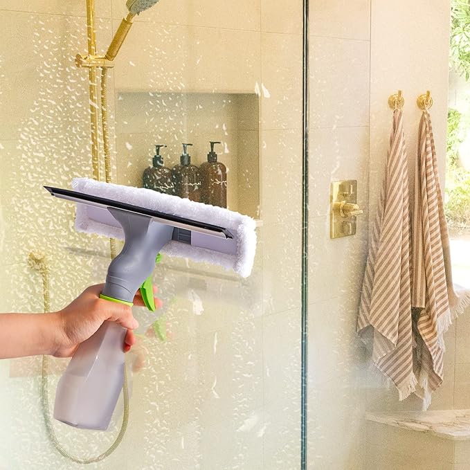 True & Tidy Window and Glass Cleaner Refillable Spray Bottle with Built-in Squeegee and Machine-Washable Microfiber Scrubber, Use Any Cleaning Solution, 10 inches