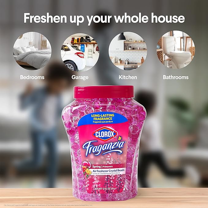 Clorox Fraganzia Crystal Beads Air Freshener Twin Pack, Long Lasting Room Deodorizer and Odor Eliminator Gel Beads for Home, Car, or Office, Spring Scent, 24 Fl Oz