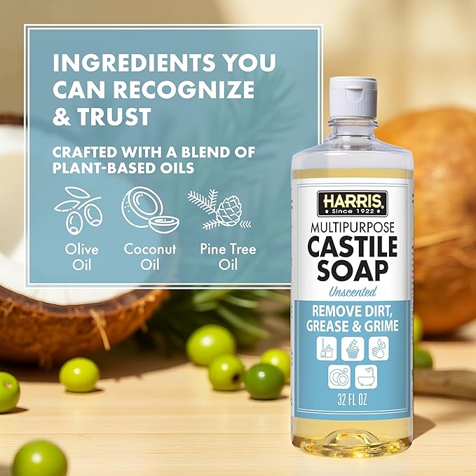 HARRIS Multi-Purpose Liquid Castile Soap for Home Cleaning, Use as Dish Soap, Laundry Detergent, Kitchen & Bathroom Surface Cleaner, Kids Room, 2 Pack of 32 Fl Oz with Microfiber Cloth (Unscented)