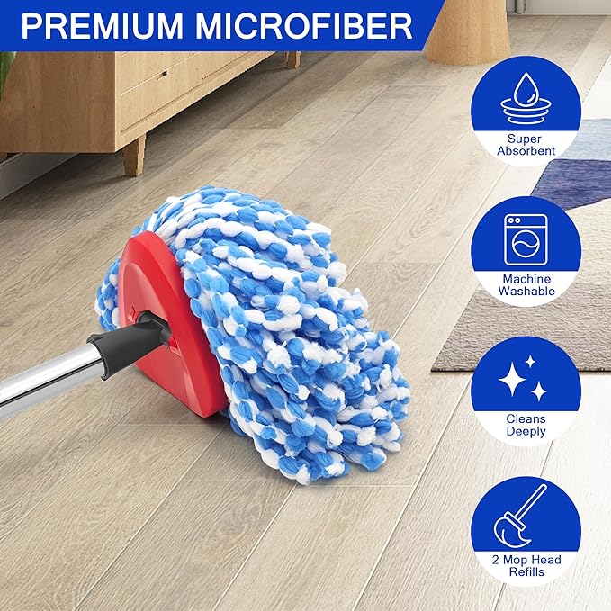 JEHONN Spin Mop Replacement Heads, Base, Handle for O-Cedar EasyWring 1 Tank System, Includes 2 Microfiber Refills, 1 Triangle Cover and 58 inches Long Pole for Cleaning Bathroom Kitchen Tile Floor