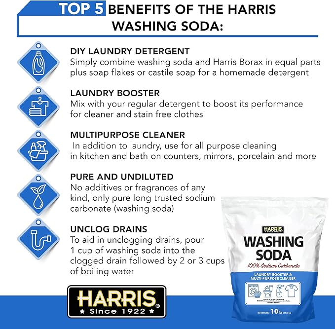 Harris Washing Soda, Sodium Carbonate, Laundry Booster and Multipurpose Cleaner, No Additives or Fragrances, 10lb