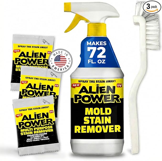 Alien Power Instant Stain Remover Spray for Mold and Mildew and Grout, All Purpose No-Scrub Cleaner for Bathroom & Household Surfaces, Tiles, Wall & Washing Machines - 3 Packets (Makes 72 Fl Oz)