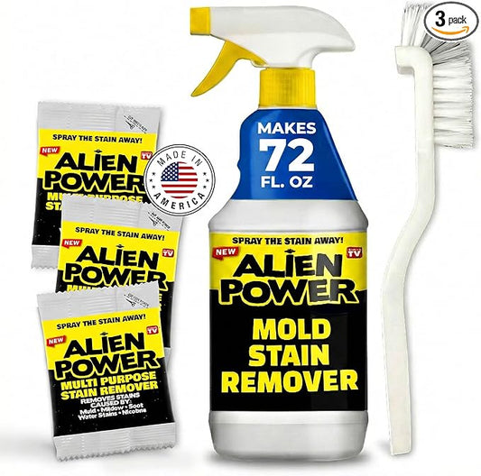 Alien Power Instant Stain Remover Spray for Mold and Mildew and Grout, All Purpose No-Scrub Cleaner for Bathroom & Household Surfaces, Tiles, Wall & Washing Machines - 3 Packets (Makes 72 Fl Oz)