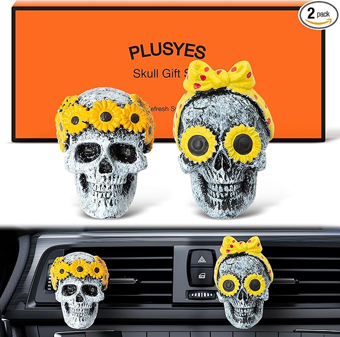 Giftable Daisy Flower Car Air Fresheners Vent Clips Diffusers with Fragrance Pads Funny Goth Skull Car Accessories Interior Skull Birthday/Christmas for Women Girls