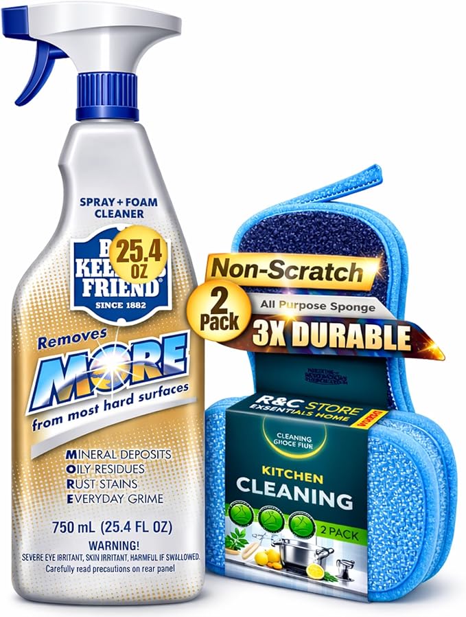 Bar-Keepers-Friend Spray and Foam Multipurpose Cleaner 25.4 oz + 2 Non-Scratch Scrub Sponges | Hard Water Stain Remover | Kitchen & Bathroom Cleaning Kit