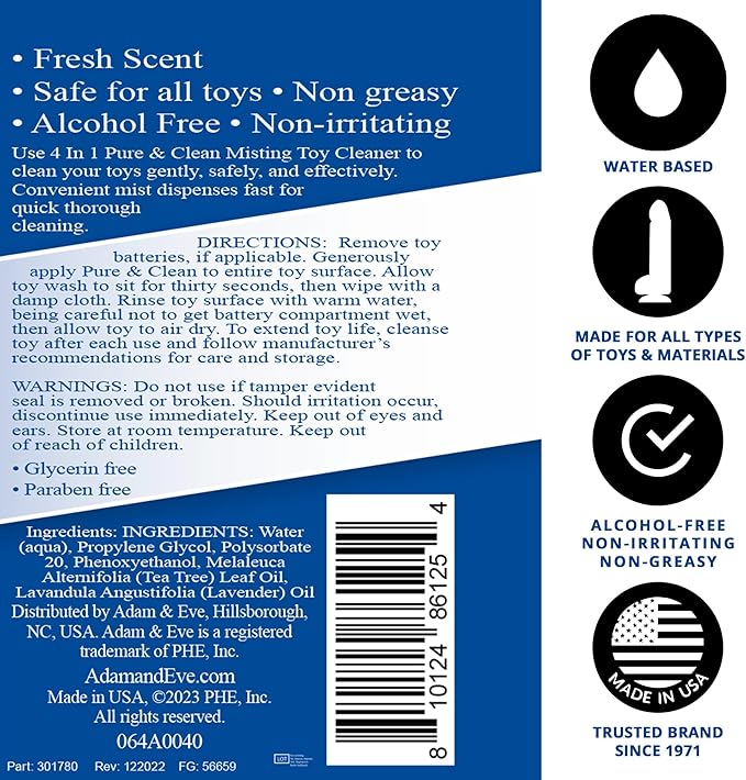 Adam & Eve Sex Toy Cleaner, 4 In 1 Pure And Clean Misting Spray, Fast Acting Misting Spray For Adult Toys, Vibrators, Dildos, Fresh Scent, Water Based Formula Perfect for Gifting, 4 oz (Pack of 2)