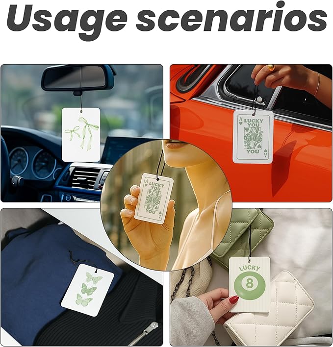 Trendy Sage Green Bow Car Air Freshener 4 Pcs - Coquette Bow Lucky 8 Ball Queen Card Butterfly Hanging Air Freshener 4 Pcs for Cars Closet Drawer Books, Girly Car Accessories Mirror Decor for Women