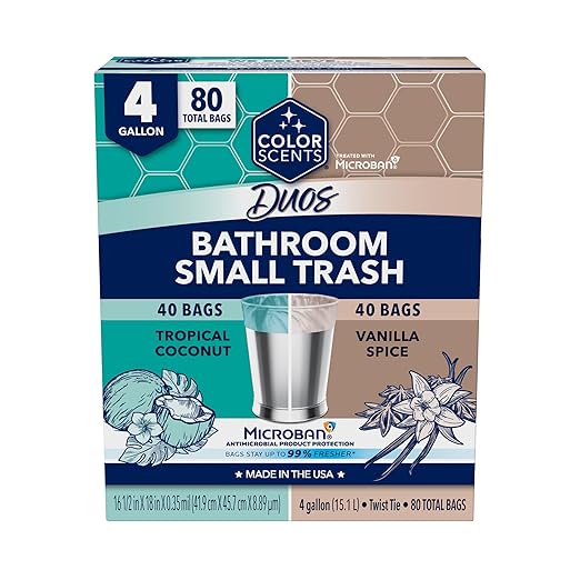 Color Scents Small Trash Bags - 4 Gallon, 80 Total Bags (2 Rolls of 40 Count), Twist Tie – Duos (2 unique scent + color combinations) with Microban