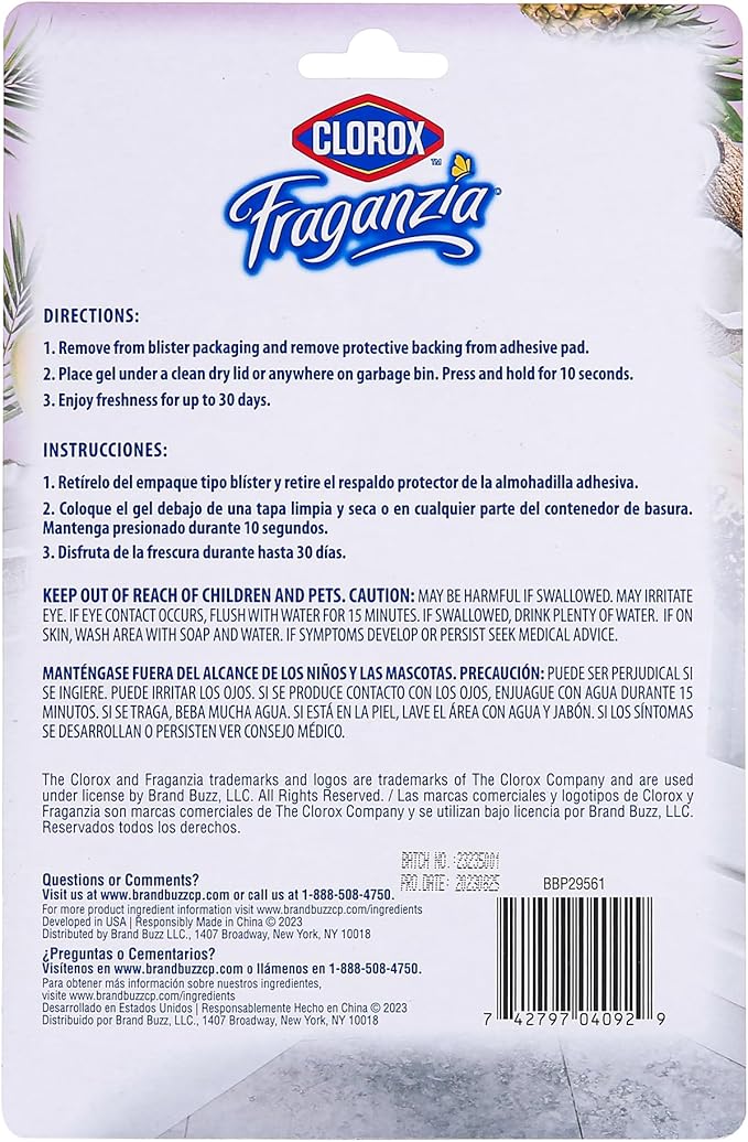 Clorox Fraganzia Stick-On Gel Fresheners, Island Escape Trash Can Deodorizer Up to 30 Days Scent, Odor Absorber for Kitchen, Bathroom, Closet, No Plug or Batteries, 0.12 Fl Oz, 6 Count