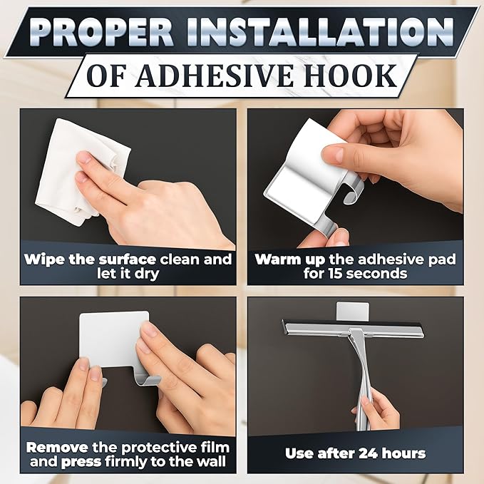 Shower Door Squeegee with Adhesive & Hanging Hooks, 12" Silicone Blade - Stainless Steel All-Purpose Squeegee for Shower Glass, Bathroom Mirror Cleaner Tool Suitable for Tile Walls - Multi-Surface Use