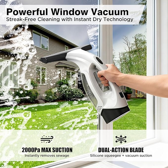 Window Vacuum Squeegee Cordless, Electric Window Cleaner Tool with & Water Collection Tank, Cleaning Kit Shower Squeegee for Glass Doors, Windows, Mirrors, Car