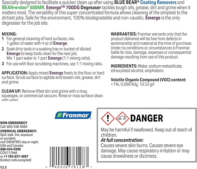 BLUE BEAR 700DG: Emerge Degreaser – Low-Odor, Biodegradable Cleaner Removes Oil, Grease, Dirt & Grime from Concrete, Tile, Wood, Stone & Tools – Safe for Heavy-Duty & Everyday Cleaning – 1 Qt