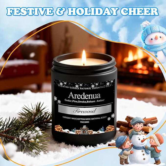Firewood Candle – Winter Candles | Holiday Scented Candles, 7oz Jar Soy Candle for Home Scented - 50H Burn - Smoky Fireplace Cozy & Warm Scent, Aromatherapy Gifts for Women & Men, Rustic Holiday Décor